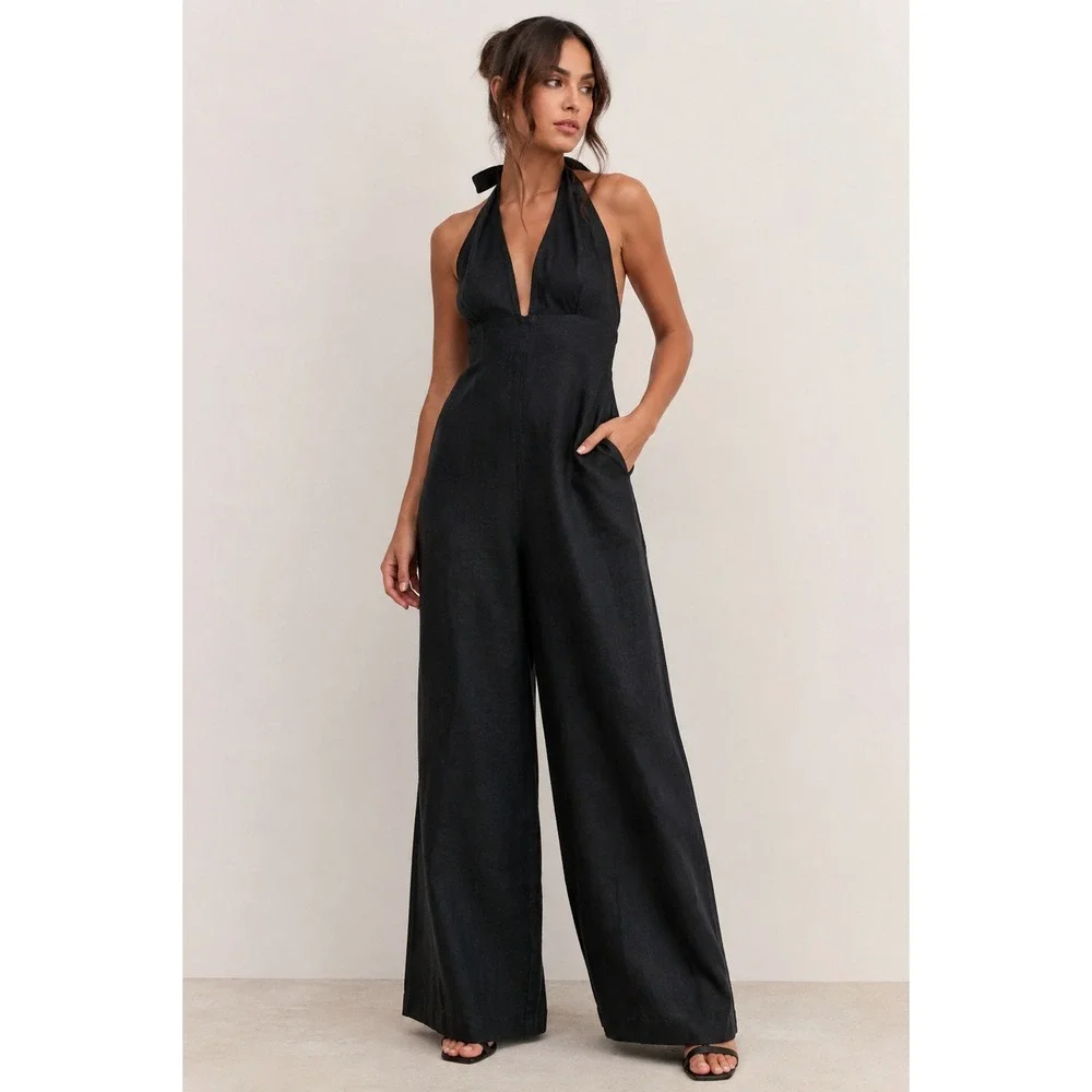 Wilfred Jumpsuit Size 4 Black Linen Halter Wide Leg Open Back Summer Chic